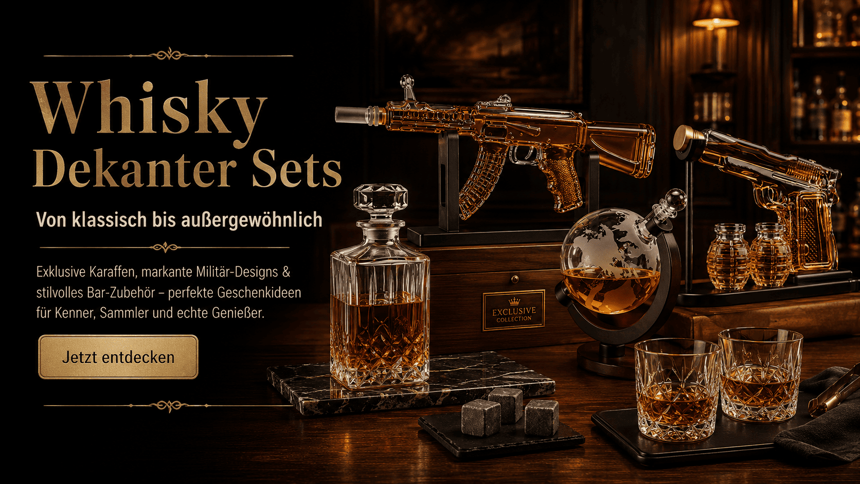 Whisky Dekanter Sets mit Kristallkaraffe, Globus-Dekanter, Gewehr-Dekanter, Pistolen-Dekanter, Whiskygläsern und Kühlsteinen in luxuriösem Bar-Ambiente.
