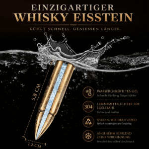 Produktmaße und technische Details des Patronen-Whiskysteins aus lebensmittelechtem 304 Edelstahl mit wassergekühltem Gel
