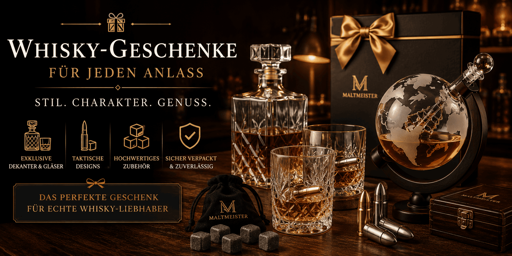 Exklusive Whisky-Geschenke mit Globus-Dekanter, Kristallgläsern, Whisky-Steinen, Patronen-Details und edler Geschenkbox für stilvolle Genießer.