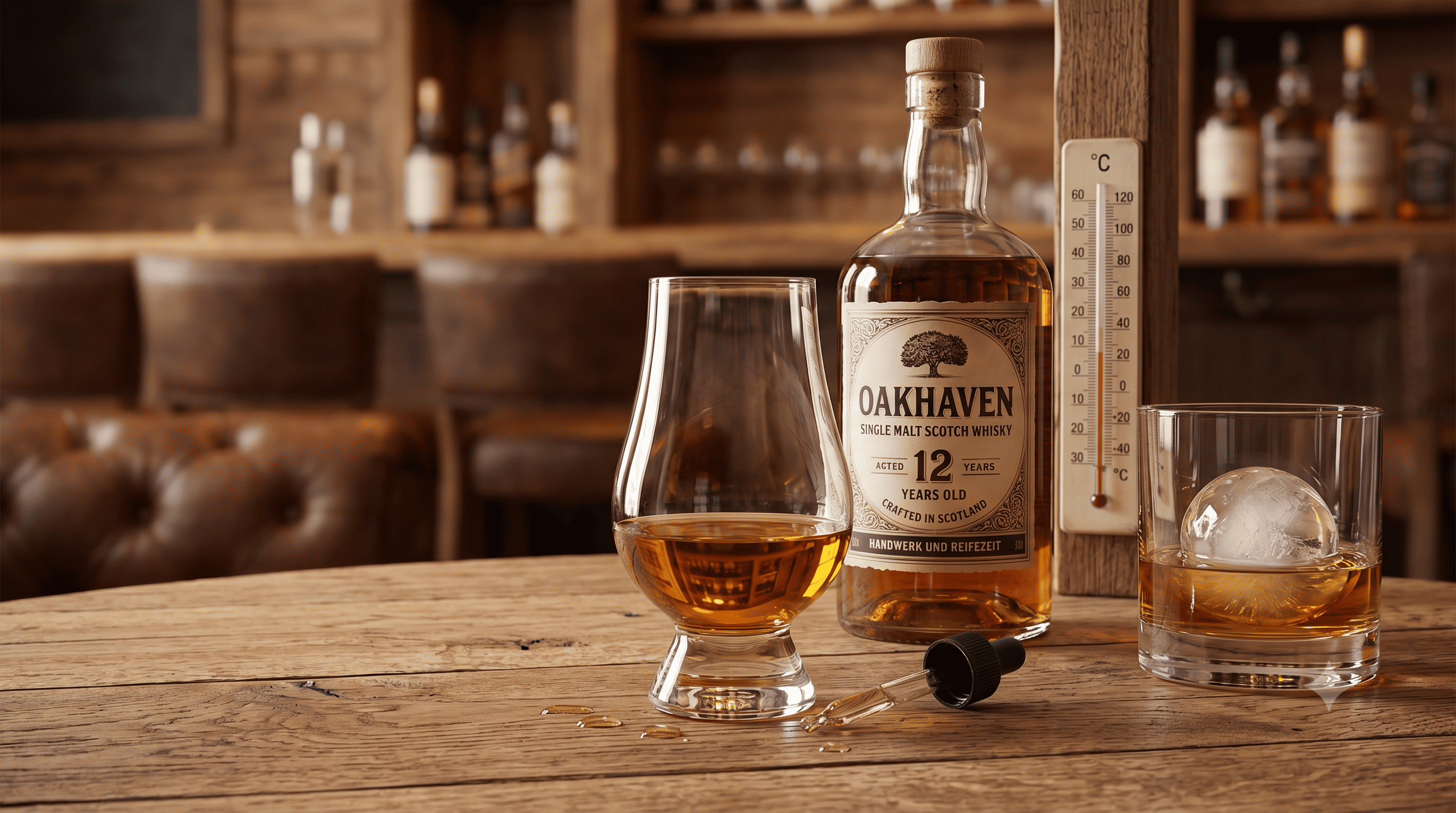 Whisky-Verkostung Set-up: Nosing-Glas für puren Genuss, Thermometer für die optimale Temperatur von 18-22°C und ein Glas mit Eis für verschiedene Trinkgewohnheiten.