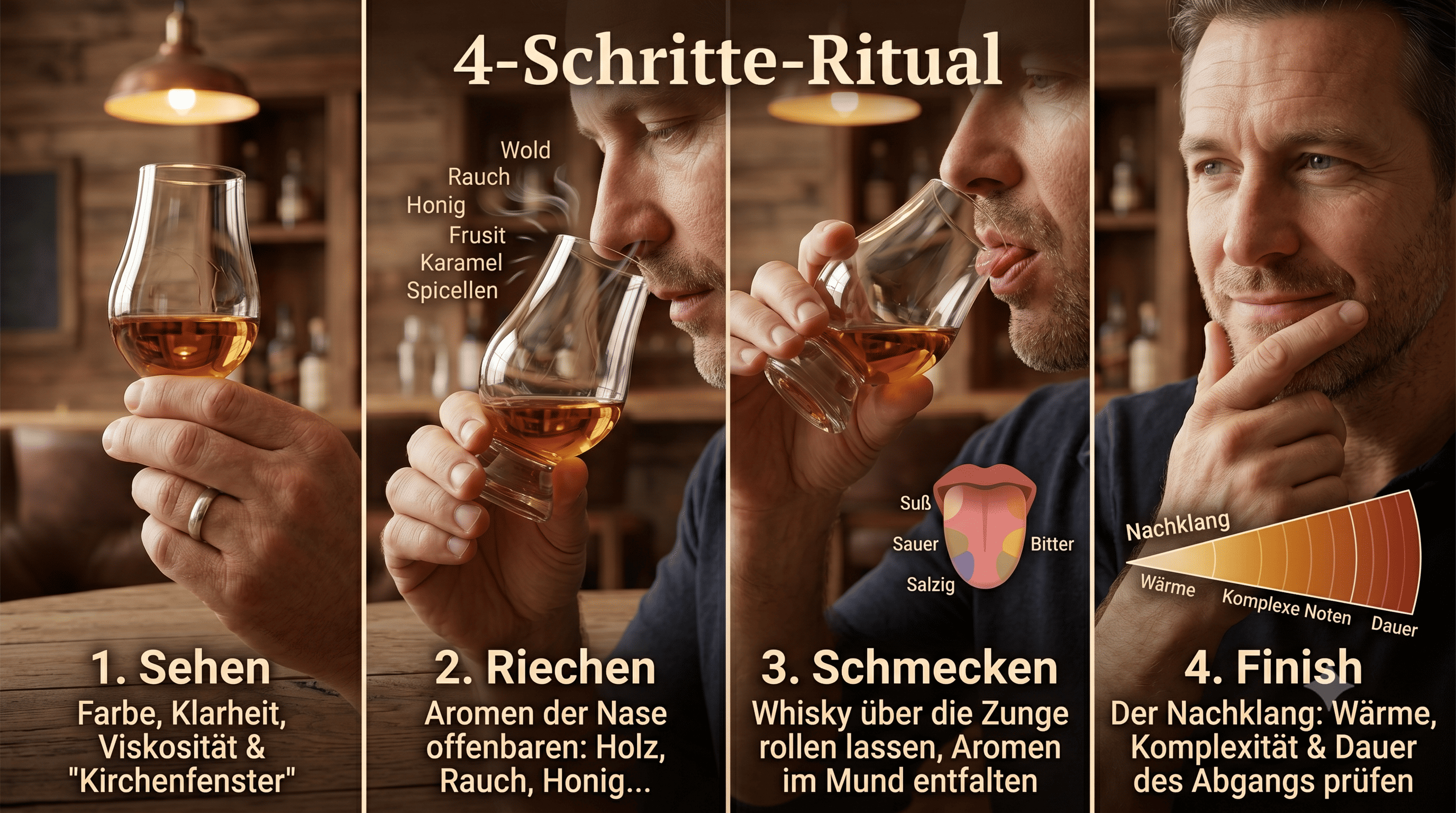 Infografik: Das 4-Schritte-Ritual zur Whisky-Verkostung. Die vier Panels zeigen einen Mann bei den Schritten: 1. Sehen (Farbe und Viskosität prüfen), 2. Riechen (Aromen wahrnehmen), 3. Schmecken (Whisky über die Zunge rollen lassen) und 4. Finish (Nachklang und Komplexität bewerten).