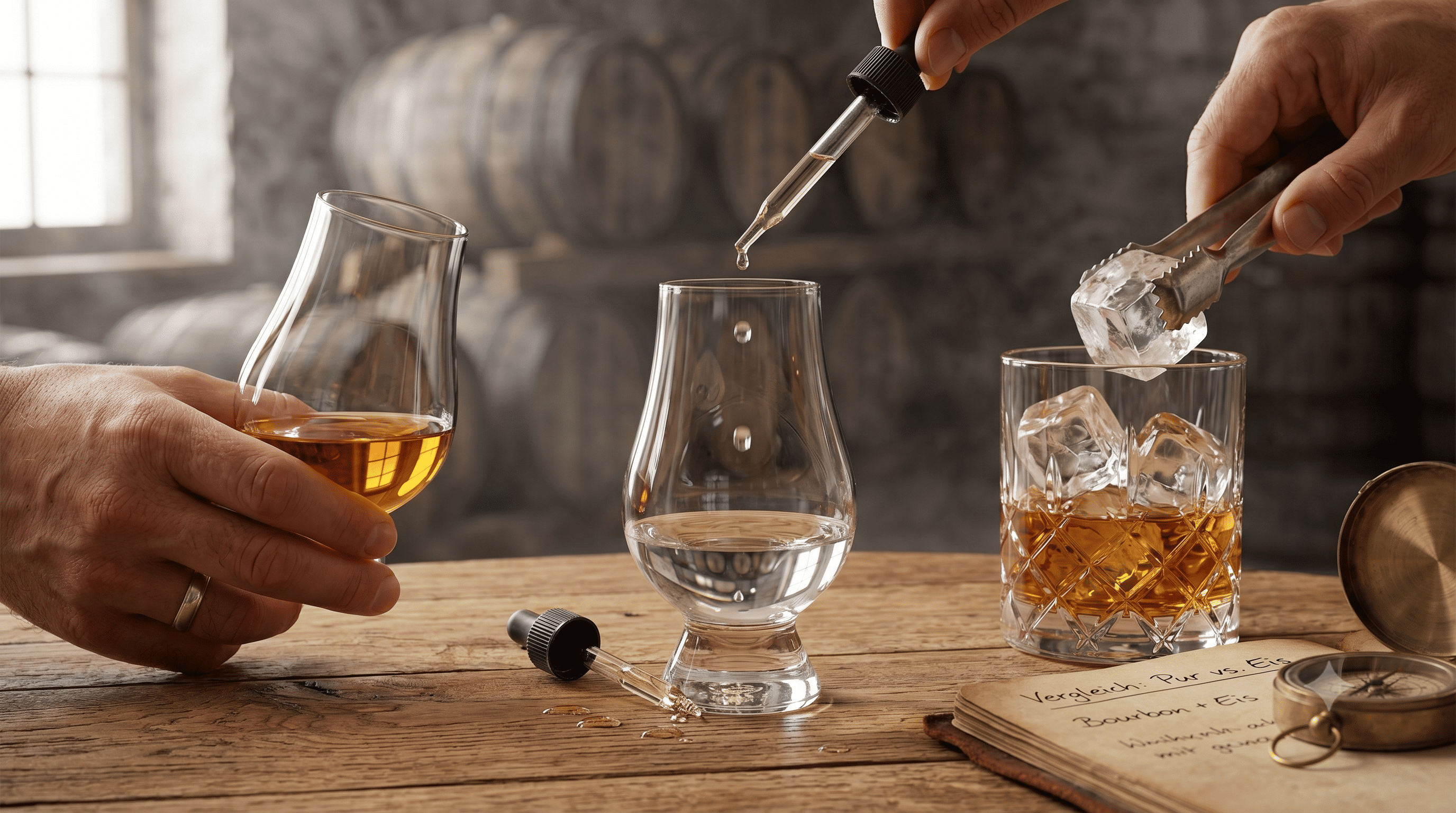 Vergleich von Whisky-Trinkmethoden: Glencairn-Glas mit purem Whisky, Nosing-Glas mit Wasserpipette und Tumbler mit Eiswürfeln und Eiszange auf Holztisch.