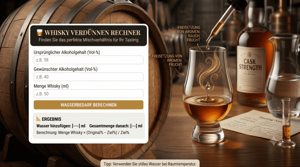 Grafisches Banner für einen Whisky Verdünnen Rechner. Auf der linken Seite befindet sich das Eingabeformular zur Berechnung der Wassermenge. Rechts tropft Wasser aus einer Pipette in ein Whiskyglas, woraufhin sich visualisierte Aromen wie Honig, Rauch und Frucht entfalten. Im Hintergrund sind ein Holzfass und eine Flasche Cask Strength Whisky zu sehen.