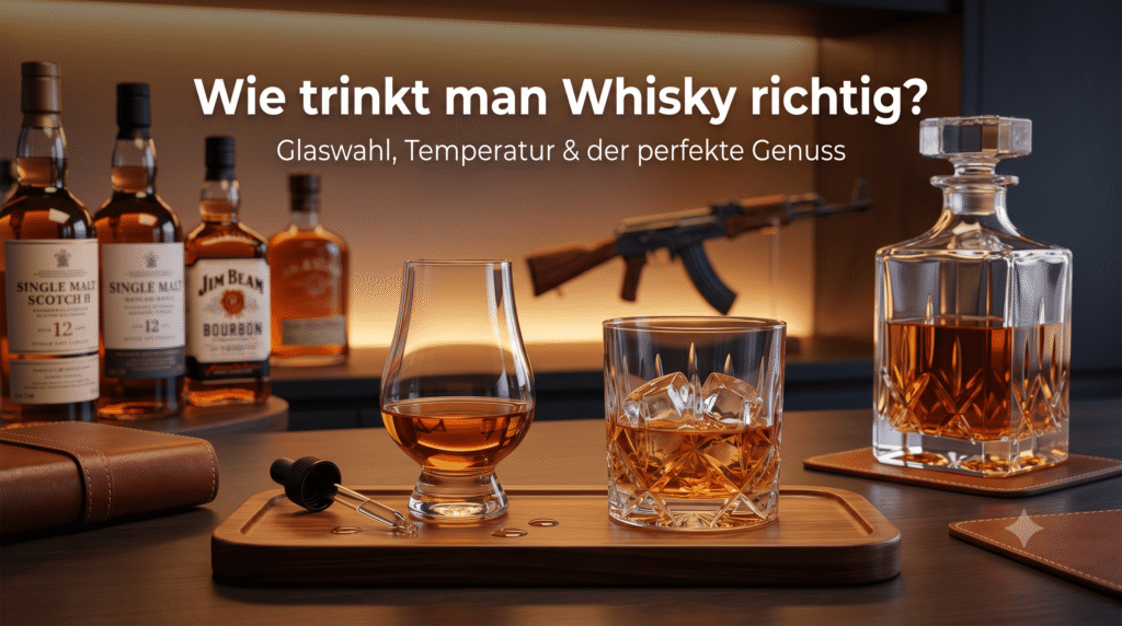 Hochwertige Hausbar-Szene für Whisky-Tasting: Ein Nosing-Glas mit Single Malt, ein Tumbler mit Eiswürfeln und eine Wasserpipette im Vordergrund. Im Hintergrund stilvolle Whisky-Flaschen und die markante AK-47 Whisky-Karaffe von Maltmeister in einem eleganten Ambiente.