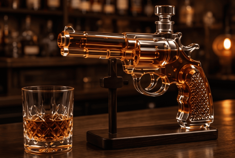 Maltmeister exklusiver Whisky-Dekanter in Revolver-Form mit elegantem Kristallglas auf einer edlen Holzbar.